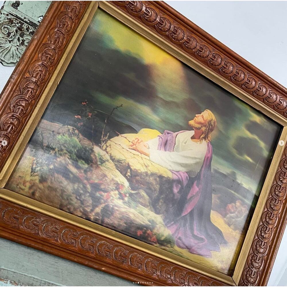 Vintage Jesus Print Lenticular Faux Wood Resin Frame Moving Optical Illusion